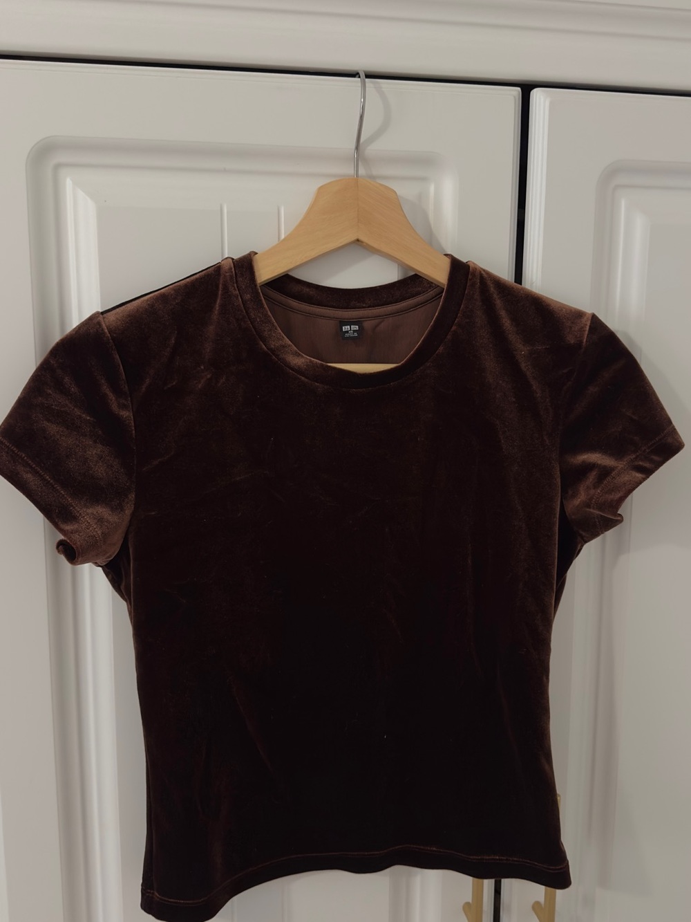 UNIQLO Velvet Short Sleeve Tee in Chocolate Brown